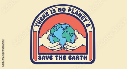 Bright illustration with a globe being held with hands against a red and blue design, suitable for environmental campaigns, social media, and educational resources.