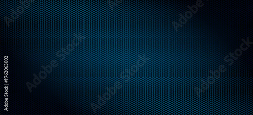 Abstract blue hexagonal mesh background. Futuristic dark honeycomb grid texture with soft lighting for technology, cyber security and racing sports design.