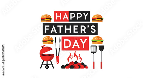 Happy father's day flat illustration with barbecue grill and food