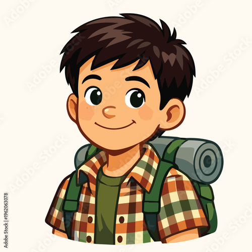 Cute cartoon vector portrait of a little boy carrying a backpack filled with camping gear, showing a cheerful expression and adventurous spirit in a fun outdoor theme.