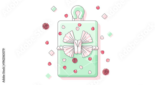 Flat illustration of mint green gift box with pink bow and colorful confetti on white background for festive occasions