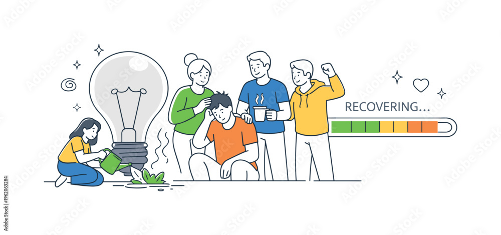Fototapeta premium A health and productivity scene representing mental burnout as a challenge in modern life, where a supportive group helps restore energy and focus around two main objects: a dimmed