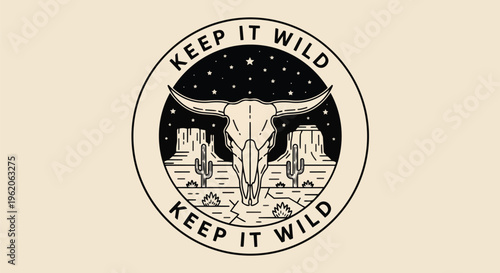 Modern Emblem with Wild West Theme against a night sky, concept for social media branding, apparel design, and poster printing.