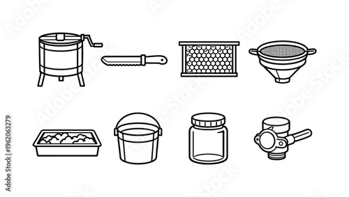 Apiculture honey extraction: honey extractor drum, uncapping knife, honeycomb frame, strainer filter, honey bucket, wax capping tray, bottling jar, tapping valve