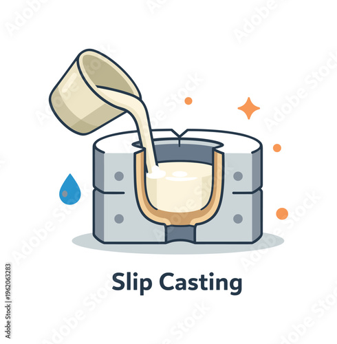 Slip casting process in ceramic production for forming hollow objects using liquid clay molds, a simple mold shape partially filled with liquid slip alongside a thin wall layer