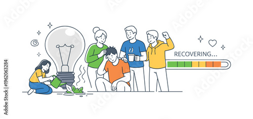 A health and productivity scene representing mental burnout as a challenge in modern life, where a supportive group helps restore energy and focus around two main objects: a dimmed