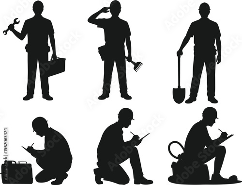 Collection of Male Construction Worker Silhouettes Wearing Hard Hats Using Industrial Tools and Writing on Clipboards Isolated on White Background Vector