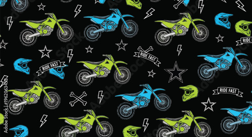 Modern Motorcycle Background with Dynamic Illustrations against a Dark Backdrop ideal for posters, apparel design, and web graphics.