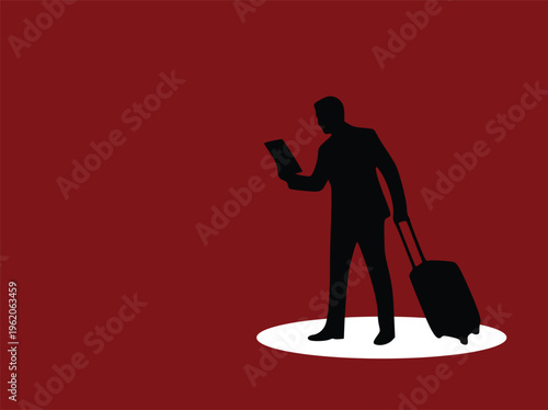 Silhouette of business traveler with suitcase and tablet on red