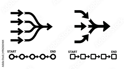 Merging arrows and process flow diagrams | convergent business workflow and start to end sequence timelines | black vector icons