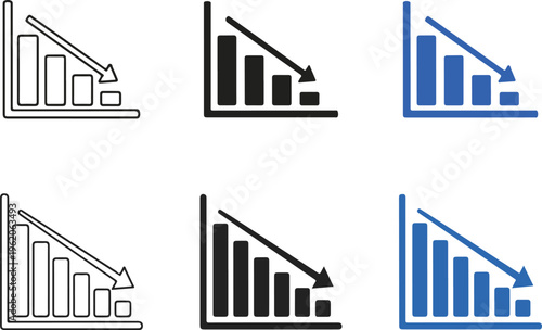 Set of falling graph icons, statistics, decline, negative trend, business, vector illustration