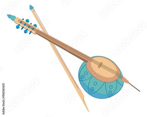 The kamancheh is an Iranian string instrument used in Persian, Azerbaijani, and Kurdish music. Wooden version of the oriental lute and bow. Kemanjah for folk music. Vector kabak in flat style.
