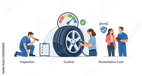 Automotive service workflow and maintenance routine for tire condition management, represented by a tire combined with a gauge and a minimal checkmark element, illustrating