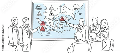 Business team discussing mountain map strategy