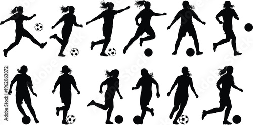 Collection of female soccer player silhouettes in action poses kicking dribbling and running with balls, isolated on white background vector
