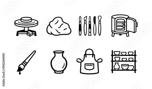 Ceramic pottery workshop: pottery wheel, clay lump, sculpting tools set, kiln oven, glazing brush, ceramic vase, apron, drying shelf