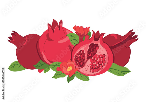 A composition with pomegranates. Whole and halved fruits with seeds, twigs, green leaves, and flowers lie on a table. Flat style. Clipart for juice, cosmetics, and perfume packaging. Tree of Paradise