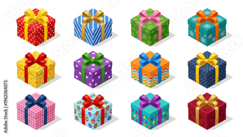 Modern Isometric 3D Gift Box Vector Set Colorful Wrapped Presents with Ribbons for E-commerce Shopping and Holiday Celebration