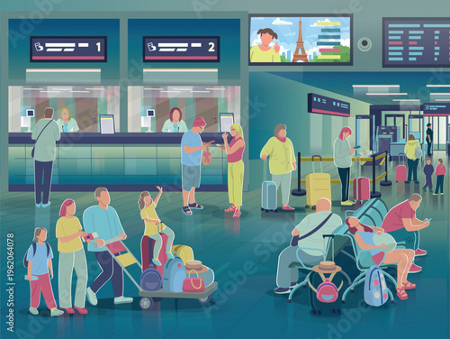 Modern airport terminal interior with diverse passengers in waiting area and security control. People with luggage, families.