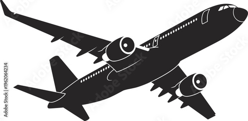 Detailed Commercial Airplane Silhouette with Windows and Engines Isolated on White Background Vector Illustration for Airline Travel and Global Transportation Concepts
