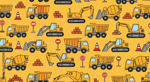 Vibrant Construction Pattern with Illustrated Machinery, ideal for children's books, website backgrounds, and marketing materials.