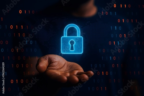 Human hand is presenting a glowing blue padlock icon, symbolizing digital security and data protection, against a dark, abstract background filled with streaming binary code.