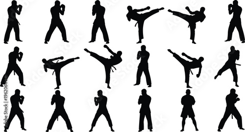 Set of martial arts silhouettes with karate and taekwondo fighters performing kicks and combat poses for sports fitness and training