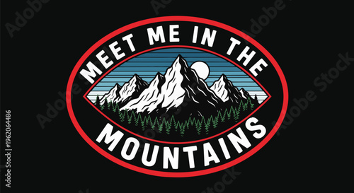 Vibrant Emblem with Mountain Landscape against a dark background, ideal for travel branding, event promotions, and outdoor apparel designs.