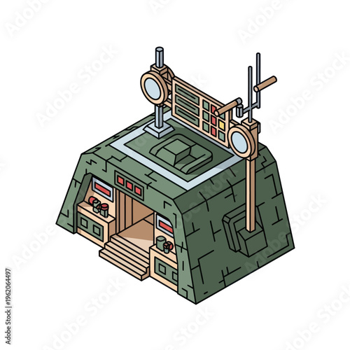 Isometric Sci-Fi Building with Antenna and Control Panels.