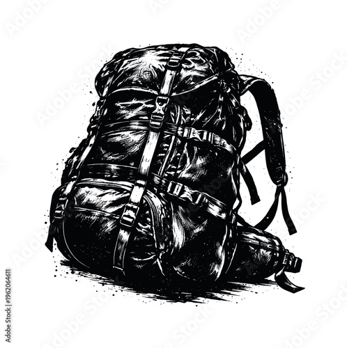 A rugged hiking backpack shown in three-quarter perspective, angled slightly forward so the bulging main compartment and multiple strapped pockets dominate the