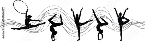 Silhouettes of rhythmic gymnasts performing various poses with hoop and abstract wavy lines, representing grace, flexibility, sports, and artistic movement