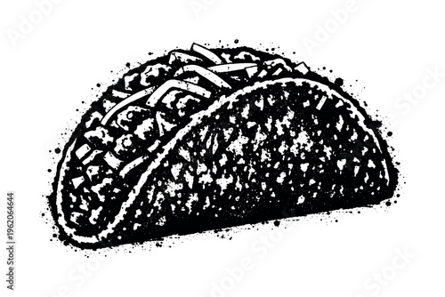 A realistic taco shown in side view, enlarged to dominate the frame and isolated on a pure white background, its folded shell packed with filling creating a