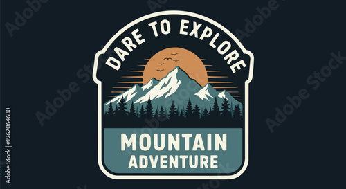 Vibrant Mountain Illustration with Sun, against a dark background, ideal for travel branding, adventure apparel, and outdoor campaigns.