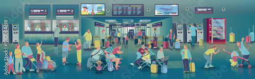 Modern airport terminal interior with diverse passengers in waiting area and security control. People with luggage, families.