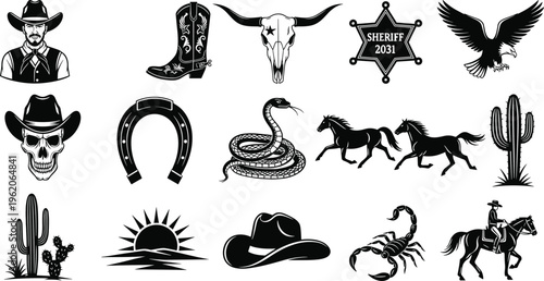 WebWild West vintage elements collection with cowboy skull sheriff badge horseshoe cactus snake eagle scorpion desert sunset and retro western icons