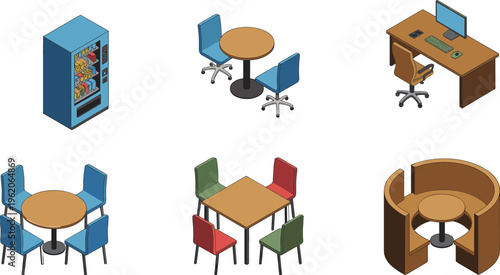 Isometric Office Furniture Set Including Vending Machine Desk With Computer Meeting Tables Chairs and Breakroom Booth Seats Vector Illustration Elements