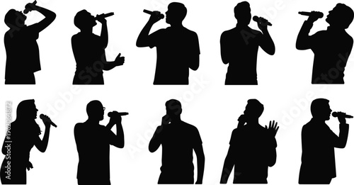 Large collection of black silhouettes featuring men and women singing with microphones and performing on stage isolated on white background