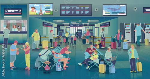 Modern airport terminal interior with diverse passengers in waiting area and security control. People with luggage, families.