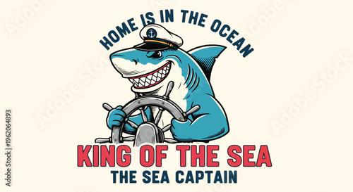 Vibrant Shark Illustration with Steering Wheel, ideal for beach theme posters, children's book illustrations, and nautical brand promotions.