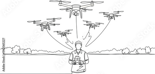 swarm of drones flying around a man