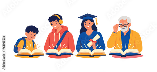 Wide horizontal editorial illustration of four characters at different life stages  a child with a backpack, a teenager with headphones, a young adult with a