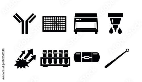 Immunology laboratory procedures: antigen antibody Y-shape, ELISA microplate tray, laminar flow hood cabinet, cell sorter nozzle, immune response signal arrows, specimen cryovial