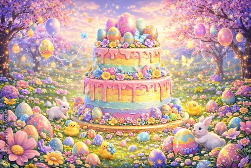 Pastellfarbene Ostertorte mit süßen Küken und bunten Eiern im blühenden Frühlingsgarten