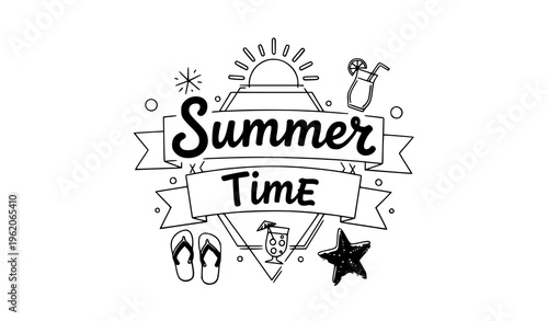 Summer time typography poster vector with hand drawn icons and decorative banner elements isolated on white