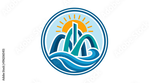 Abstract Logo Featuring Mountains Sun and Waves