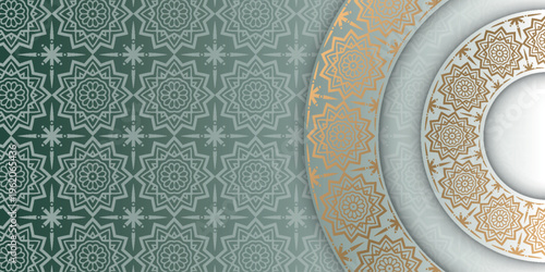 Abstract background with modern white Islamic ornament decoration. Luxurious gold ornamental circle design with special theme for Ramadan or Eid al-Fitr. Vector illustration VOL. 5