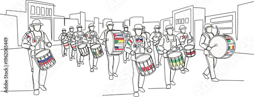 marching band performing on city street