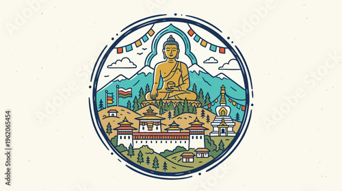 Bhutanese Buddhist Landmark Emblem with Buddha Statue