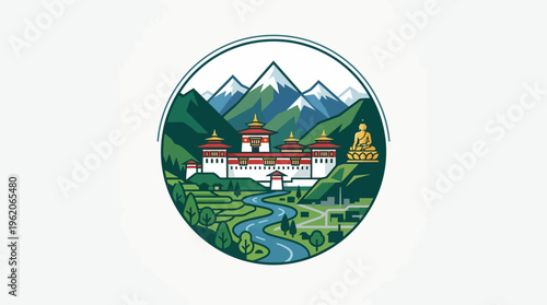 Scenic Bhutanese Landscape with Dzong and Mountains