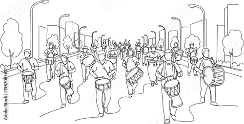 marching band performing on a city street